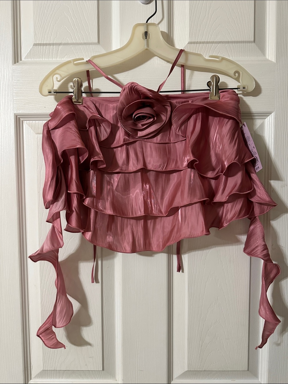 wild fable Rose Pink Ruffled Off-Shoulder Crop Top with Floral Accent